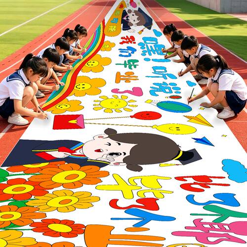 幼儿园我们毕业啦学校毕业季活动涂色线稿儿童百米长画卷涂鸦画布