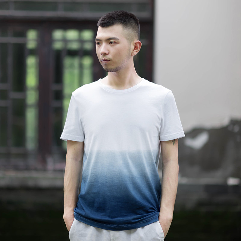 夏款新品中国风纯棉手工蓝染扎染圆领蓝白T恤休闲百搭短袖上衣男在类目 男装, T恤中 - 来自Buy2taobao.com提供专业的淘宝代购服务