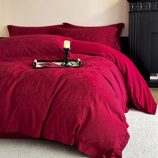 高档纯棉提花婚庆四件套红色高级感全棉磨毛被套床单结婚床上用品