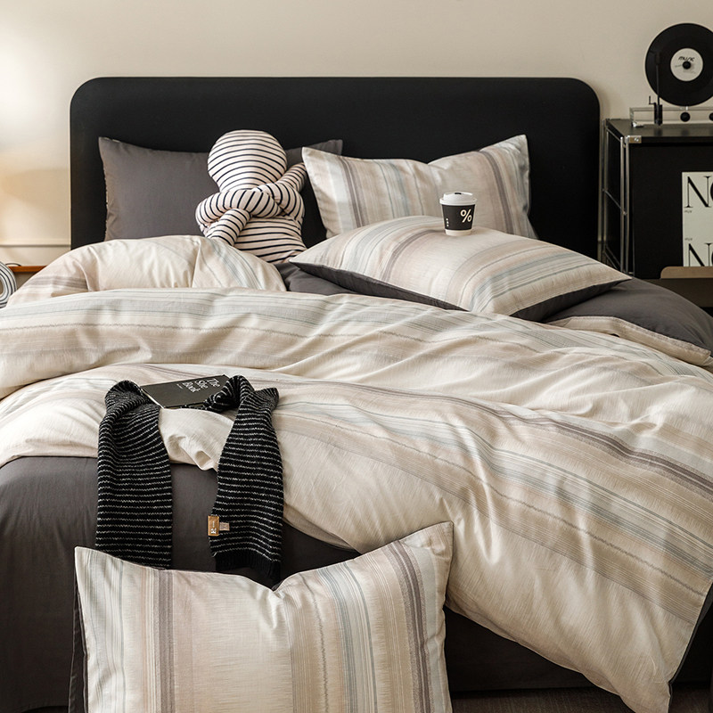 ins简约全棉印花被套四件套北欧四季通用男女纯棉宿舍床单三件套