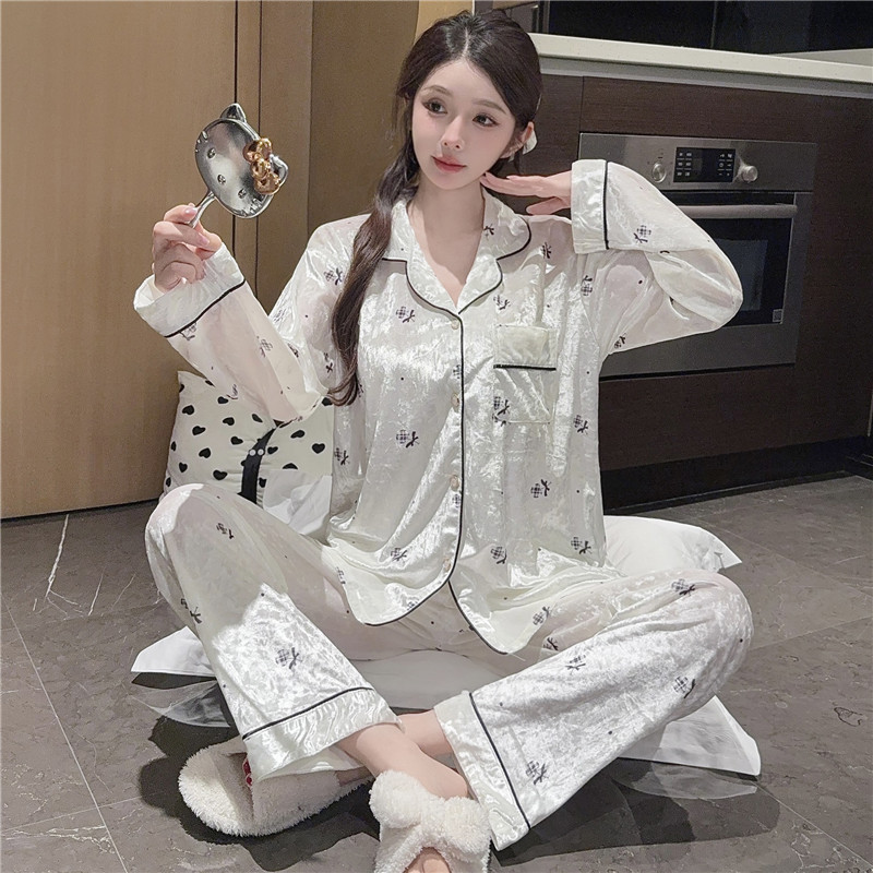 高级感金钻绒睡衣女开衫长袖长裤甜美秋冬季钻石金丝绒家居服套装