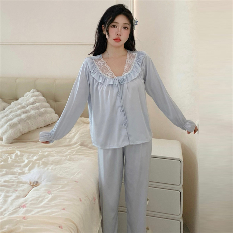 高级感冰丝睡衣女春夏季甜美花边冰雪丝长袖长裤仿真丝家居服薄款