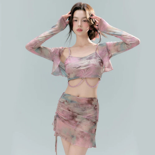 韩国ins泳衣女高级感分体四件套扎染带长袖罩衫显瘦网红款游泳装