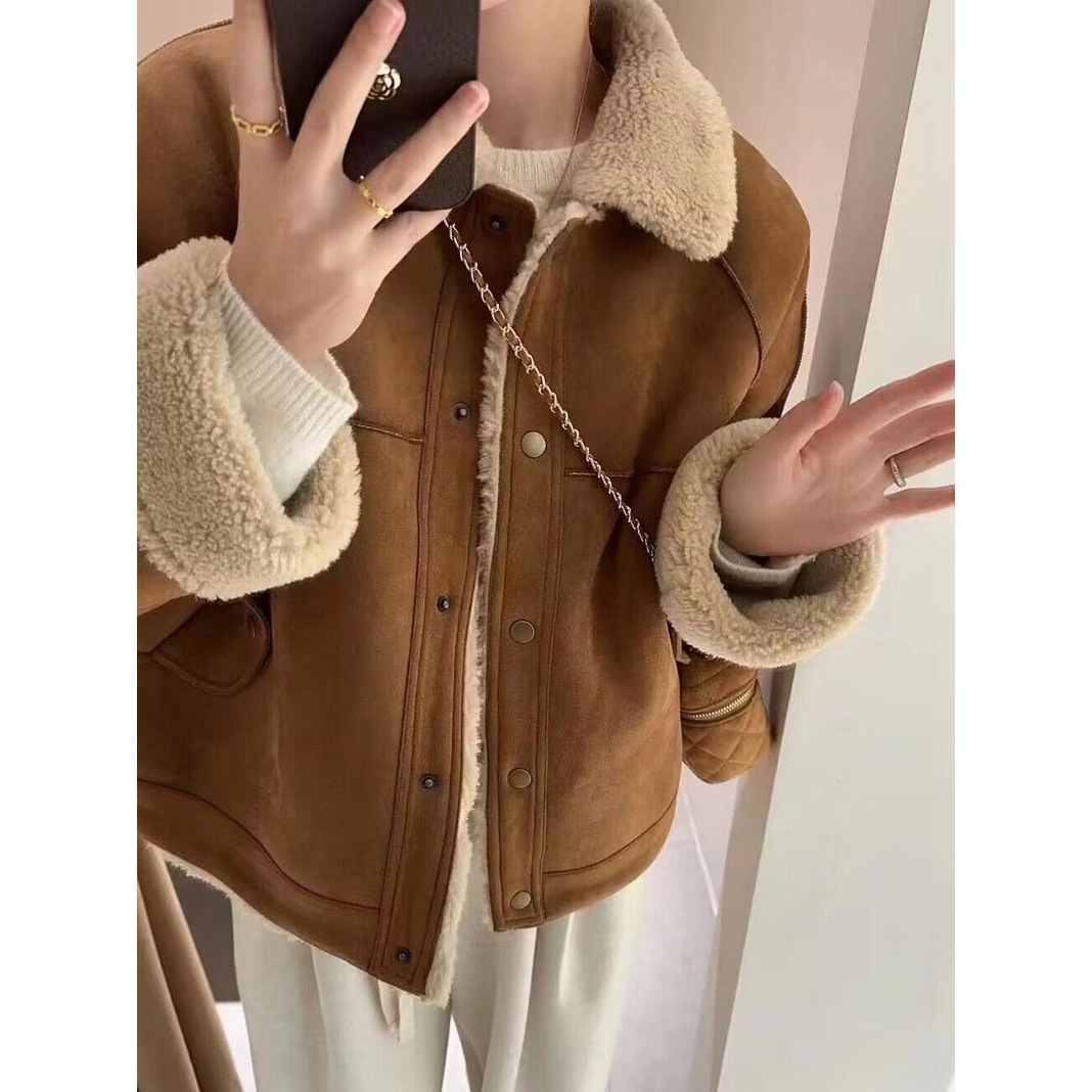 羊羔毛短外套女2024冬季新款复古保暖皮毛一体宽松加绒小个子