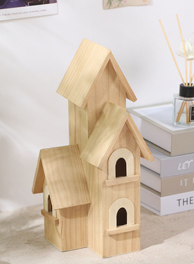 原木风装饰鸟屋儿童城堡小房子木质田园森系鸟窝手绘素材木质摆件