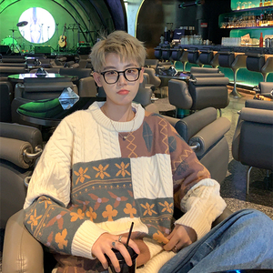 @港仔文艺男 拼接毛衣男冬季加厚潮牌复古秋冬款男生针织衫男款