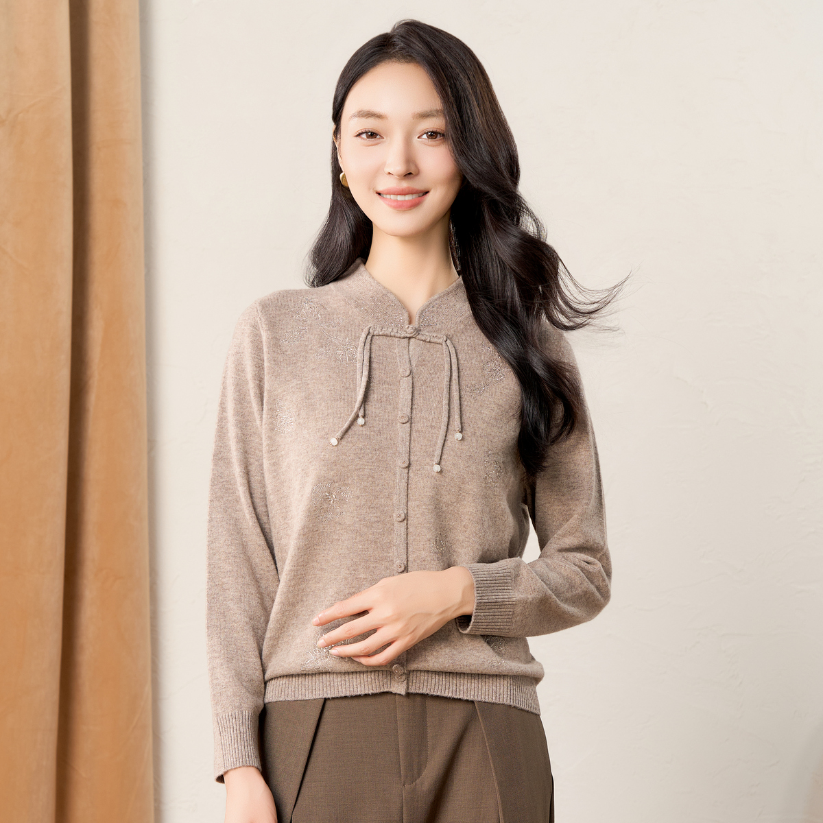 春竹秋冬新款100%绵羊毛新中式旗袍领女套衫106