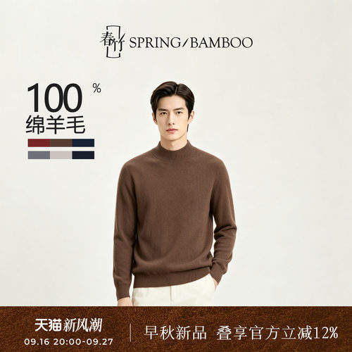 春竹100%绵羊毛男士针织羊毛衫