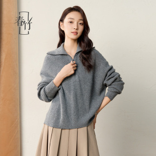 春竹100%山羊绒加厚针织纯羊绒衫 女翻领毛衣女上衣