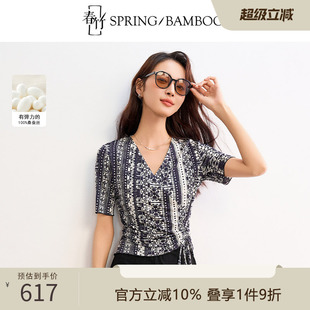 T恤女 春竹春夏100%桑蚕丝印花交叉V领针织桑蚕丝舒适百搭女短袖
