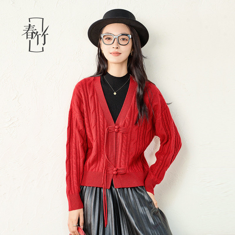 春竹100%纯羊绒开衫女冬新款V领新中式长袖针织毛衣外套女,女装/女士精品,羊绒衫,淘宝优惠券,粉丝福利购,淘宝优惠卷