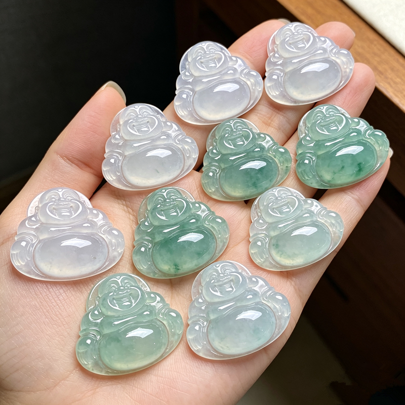 天然缅甸A货翡翠弥勒佛吊坠糯冰白冰晴水飘花玉佛笑佛挂件带证书