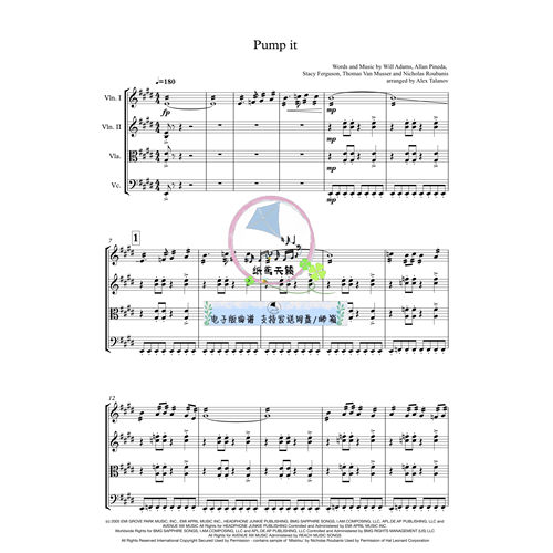 Pump It 黑眼豆豆 原版正谱 弦乐四重奏 总谱 分谱 30秒试听 MP3