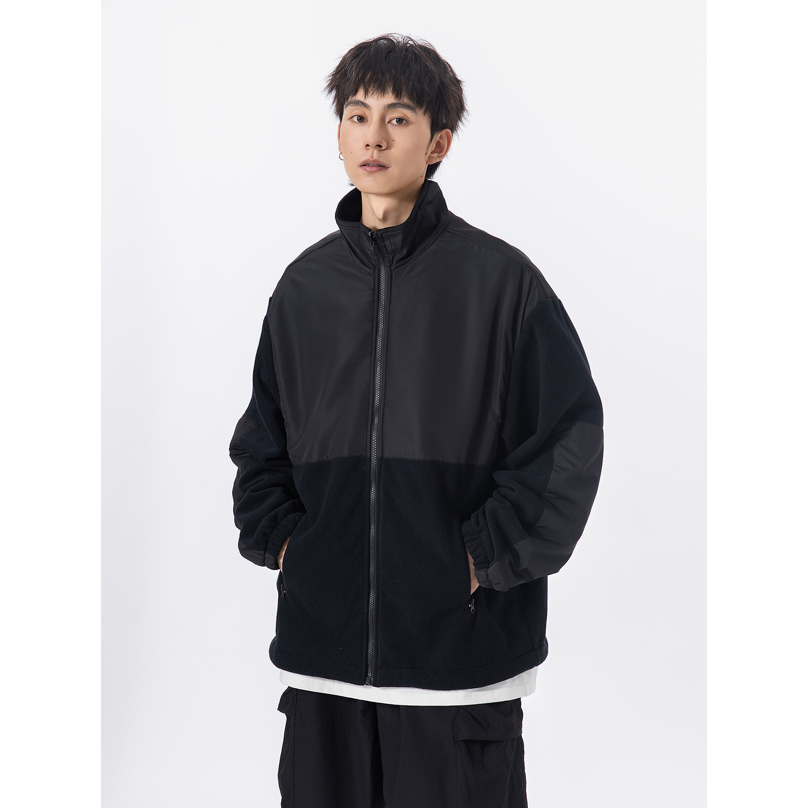 日系拼接摇粒绒夹克男cityboy秋冬新款立领保暖外套