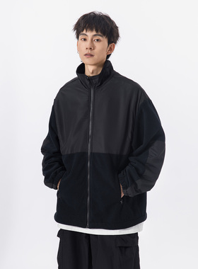 日系拼接摇粒绒夹克男cityboy秋冬新款立领保暖外套