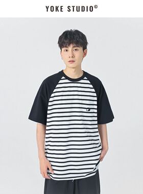 日系复古撞色条纹T恤男cityboy卡其色插肩短袖上衣夏