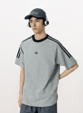 夏季21支双纱230g重磅三条杠印花插肩袖宽松短袖T恤男女