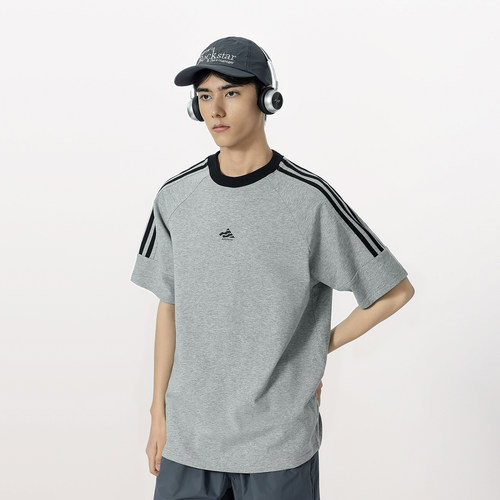 夏季21支双纱230g重磅三条杠印花插肩袖宽松短袖T恤男女