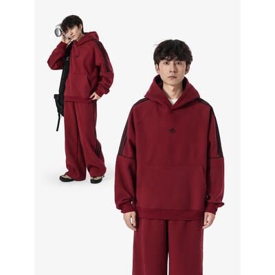 复古三条杠美式连帽卫衣男女新款运动休闲情侣外套