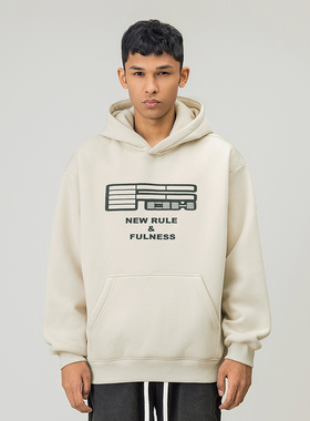 FOH 380g重磅字母印花加绒连帽卫衣男春季新款宽松美式休闲帽衫