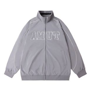 純色立領(lǐng)刺繡夾克情侶寬松復(fù)古男女休閑工裝 2025日系新款 外套