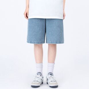 夏季休闲松紧腰牛仔短裤男女同款情侣宽松bf风直筒五分裤