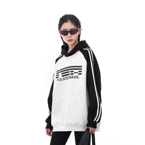 美式潮牌条纹连帽卫衣男女