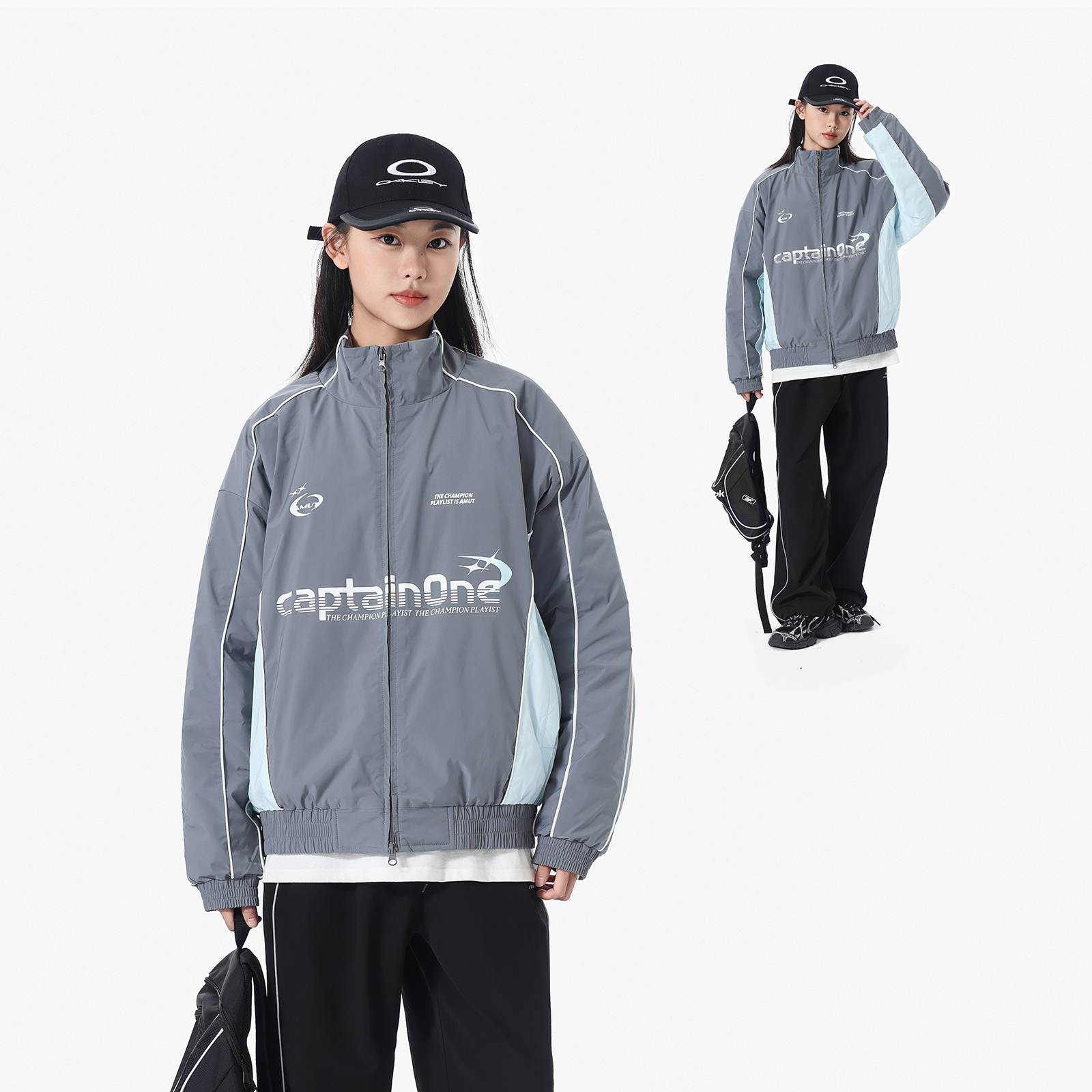 男女同款立领印花运动风棉衣外套拼接宽松双拉链棉服潮