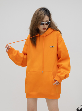 街头潮牌字母刺绣连帽加绒卫衣女秋季情侣宽松帽衫上衣