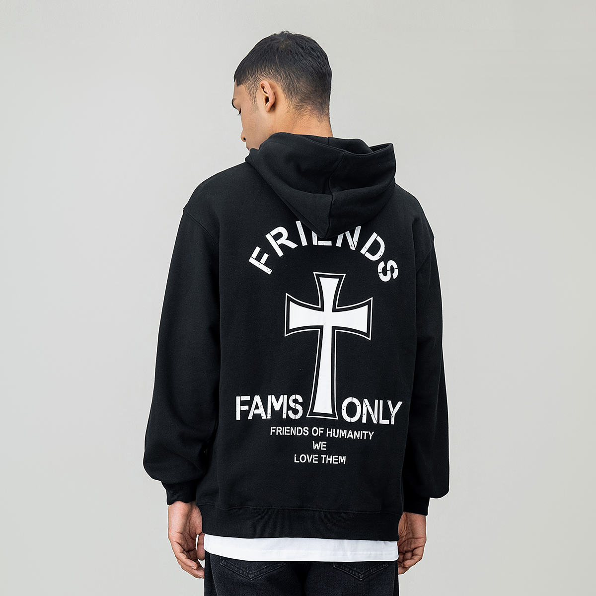 FOH 美式高街十字架印花连帽卫衣男2025春季潮牌情侣宽松休闲上衣