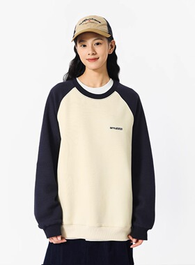 日系撞色华夫格插肩卫衣男cityBoy复古圆领套头上衣