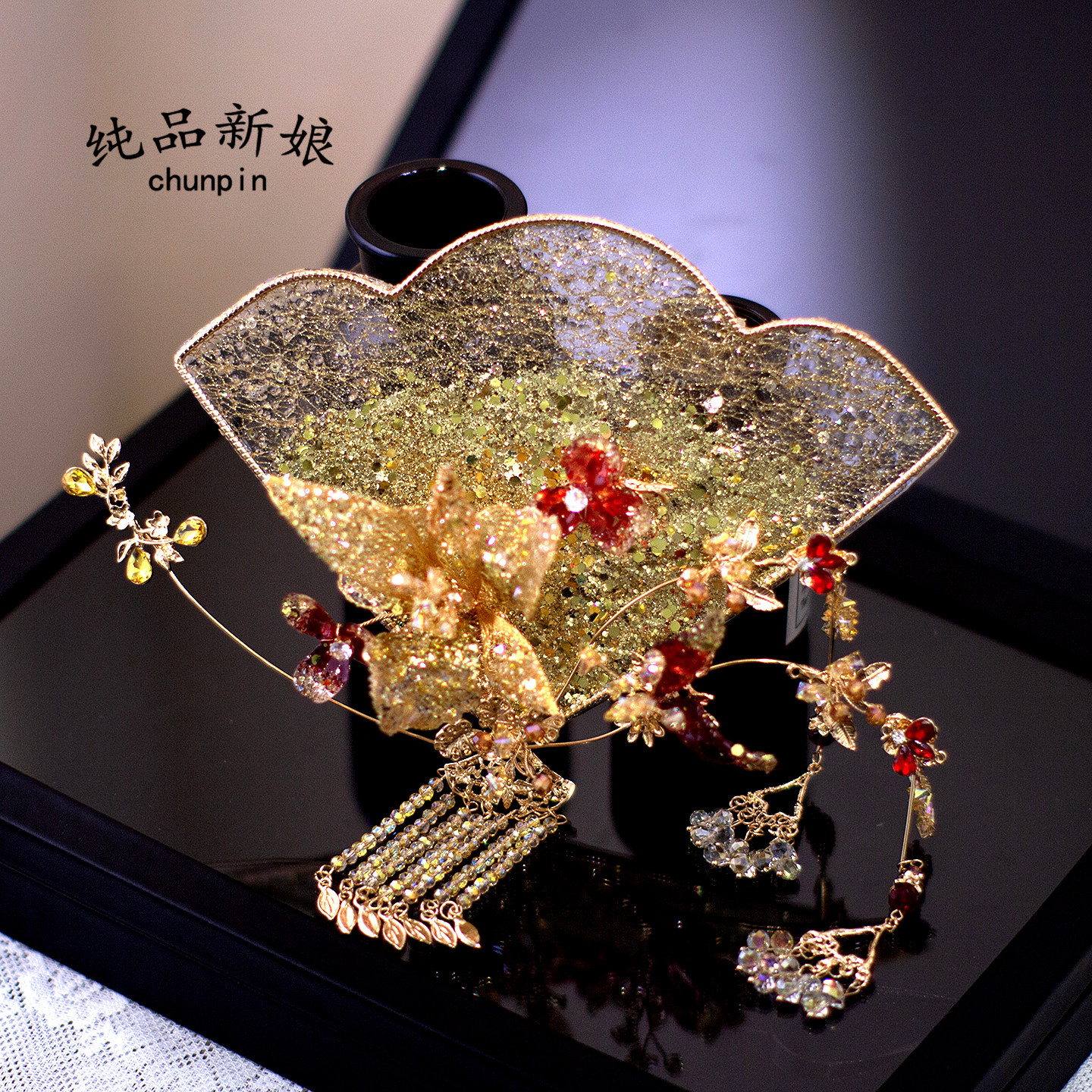 新中式新娘晨袍龙凤褂结婚团扇古典拍照出嫁手持扇婚扇高级感配饰