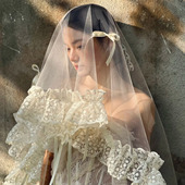 新娘头纱法式 复古蕾丝蝴蝶结花边头饰森系超仙婚纱大气高级造型纱