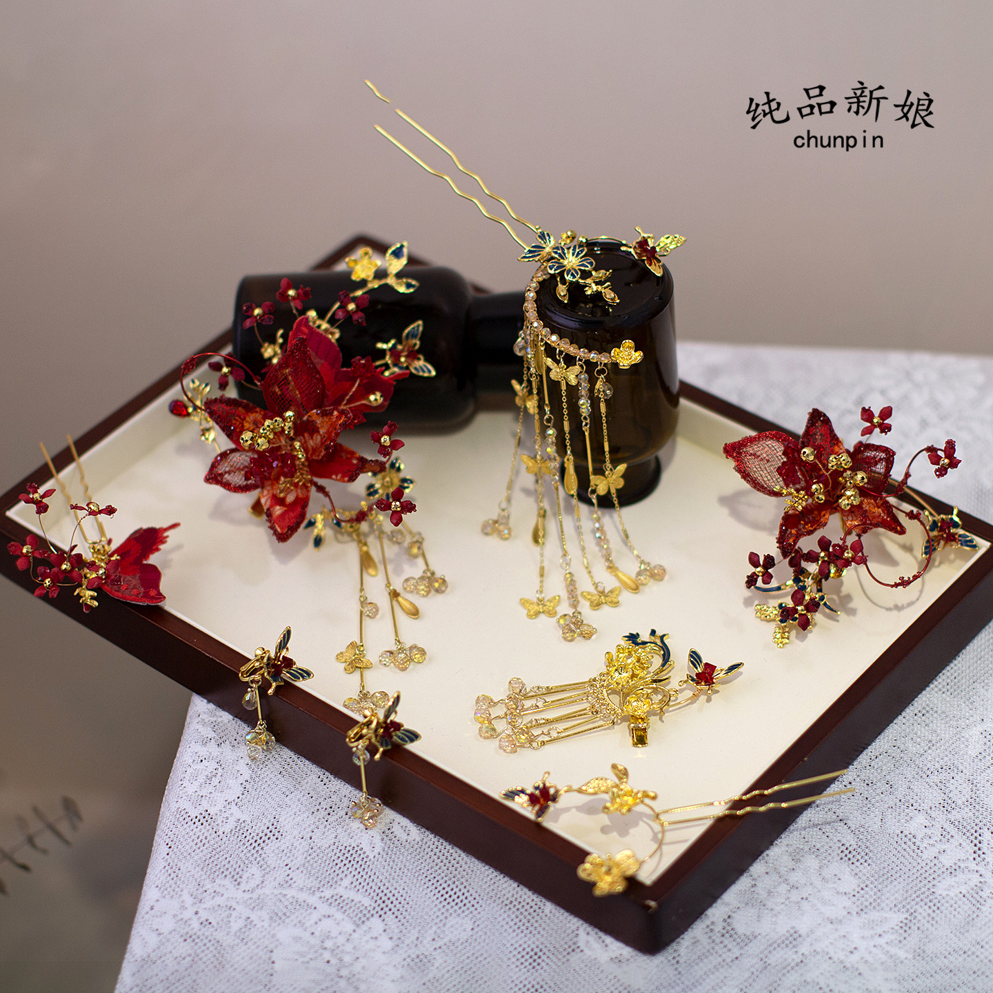 新中式新娘红色流苏侧边头饰图片