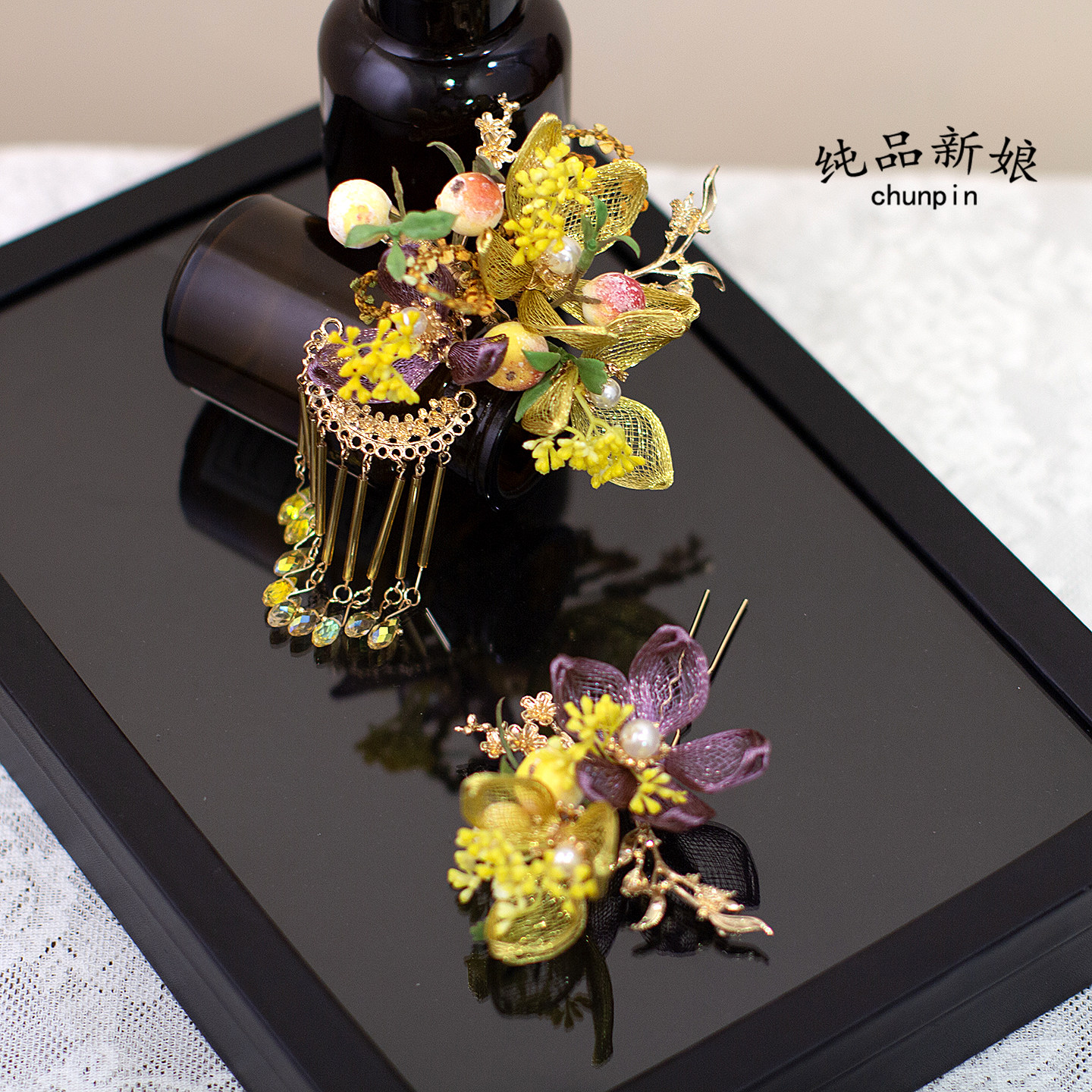 小众新中式新娘头饰手工仿真花简约减龄发饰晨袍龙凤褂结婚配饰品