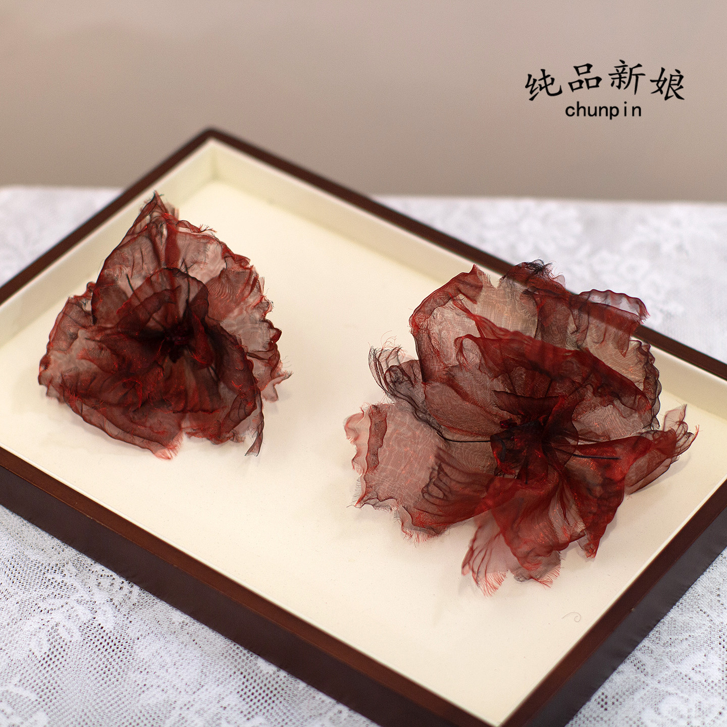 纯品新娘手工烫花头饰小众个性红色纱花发饰晨袍礼服样片盘发配饰