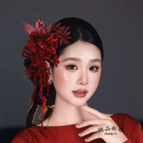纯品新娘新中式红色仿真花头饰