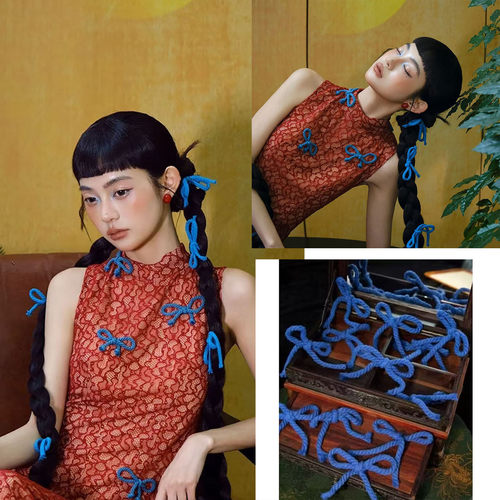 新娘蓝色毛线蝴蝶结头饰甜美发夹发带发饰婚纱晚礼服晨袍高级配饰