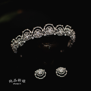 新娘珍珠皇冠头饰耳环套装简约韩式王冠发饰婚纱礼服公主高级配饰