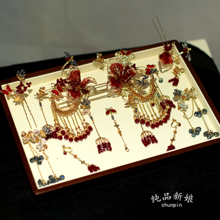 新娘中式头饰秀禾服龙凤褂红色发簪额饰眉心坠发饰古典婚礼配饰品