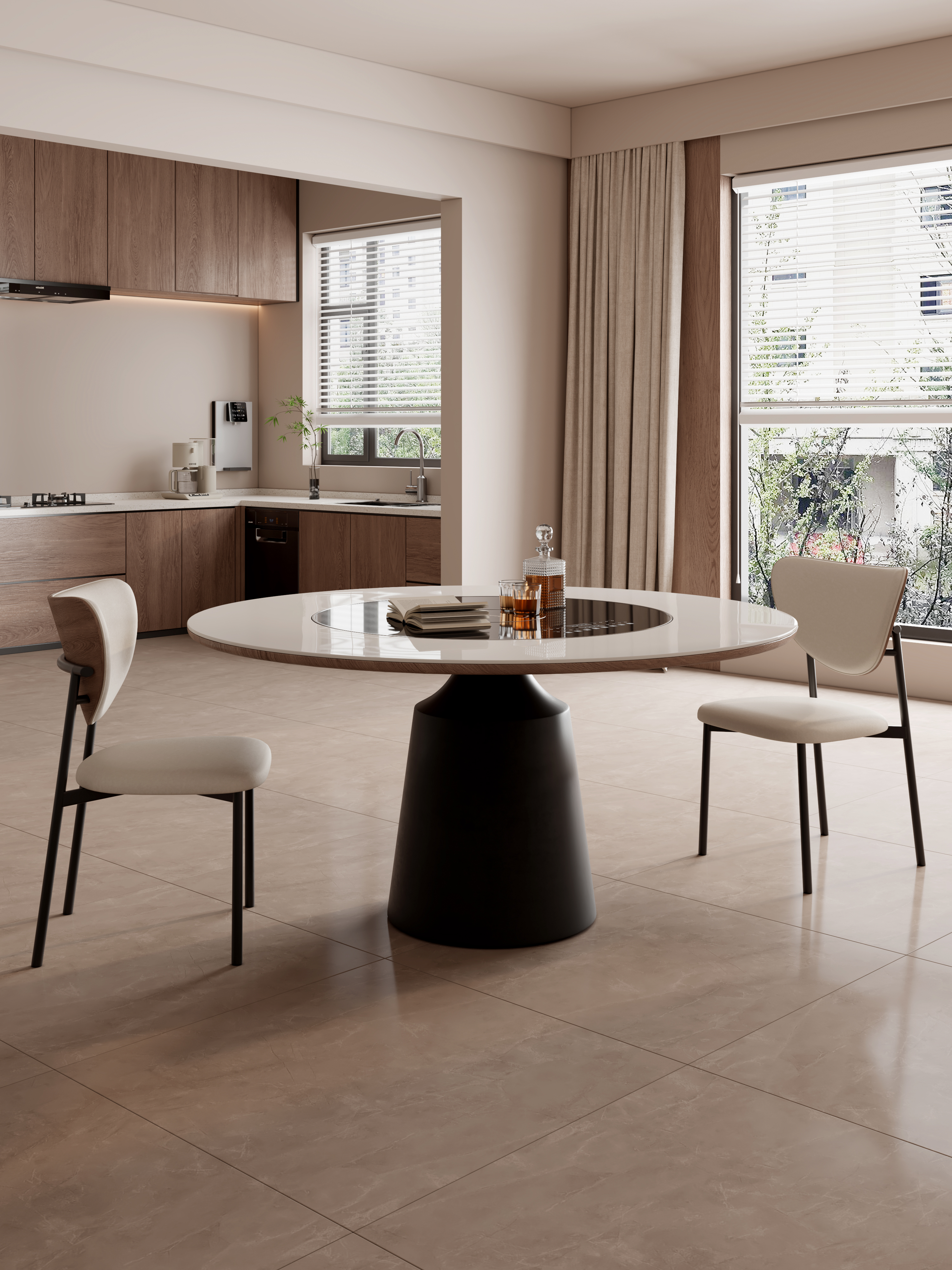 岩板餐桌圆形家用大小户型简约内嵌电磁炉智能电动转盘餐桌椅组合