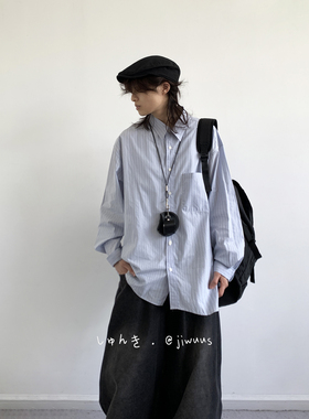 ZOAK秋冬复古纯色翻领长袖条纹衬衫男女生宽松百搭休闲衬衣外套潮