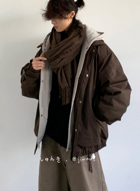 ZOAK冬季复古美拉德假两件拼接连帽白鸭绒羽绒服男女宽松百搭外套