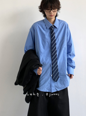 ZOAK秋日系复古基础款蓝色衬衫男女生学院风简约百搭休闲中性上衣