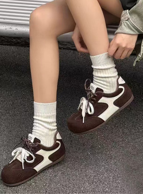 芭笛尔2025冬新款真皮复古拼色德训鞋女百搭加绒休闲运动鞋73403