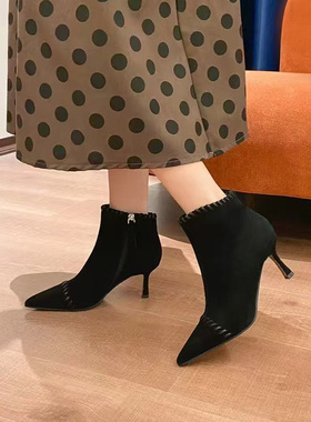 芭笛尔2025秋冬季真皮短靴女百搭舒适尖头高跟侧拉链女靴子77129