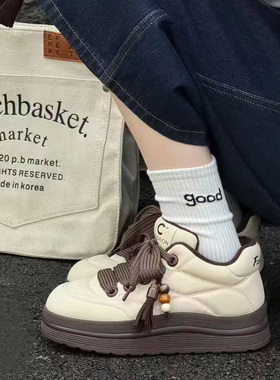 芭笛尔2025冬季小白鞋女松糕厚底面包鞋加绒百搭休闲运动鞋56820