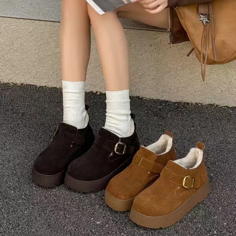 芭笛尔2025冬季新款真皮厚底勃肯鞋女休闲松糕底皮带扣棉鞋73401