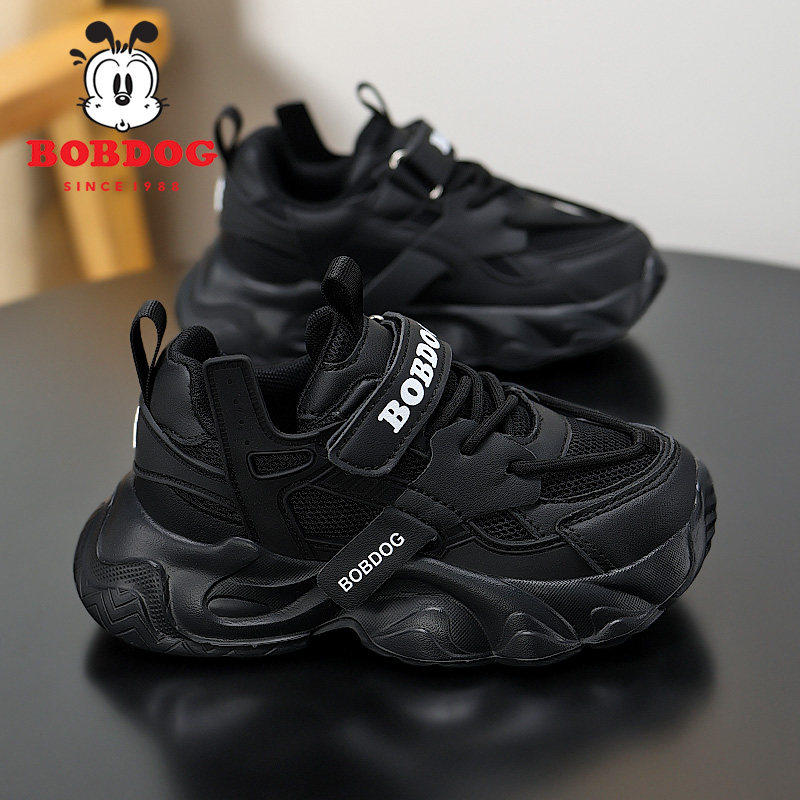 巴布豆儿童黑色运动鞋男童春秋季网面透气防臭轻便女童时尚老爹鞋