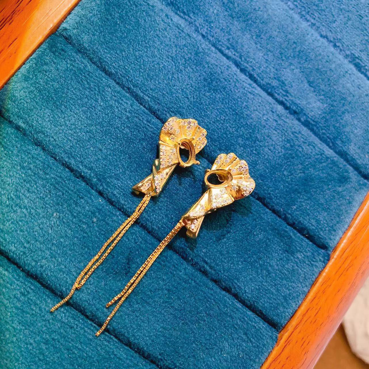 s925银饰耳钉空托蝴蝶结语系列时尚甜美女优雅耳饰耳钉椭圆4*6mm